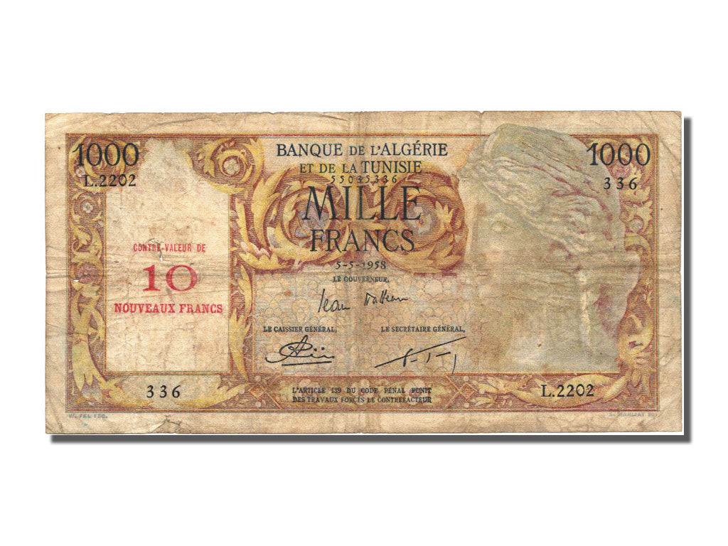 bancnota, 
  
  Algeria, 
  
  10 NF pe 1000 de franci