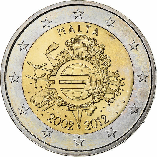 Malta, 
  
  2 euro, 
  
  10 ani de euro