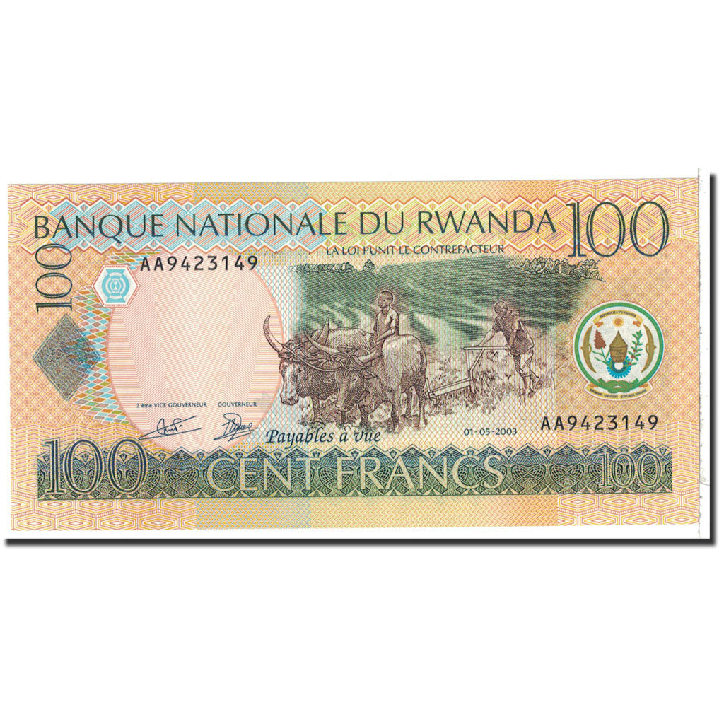 bancnota, 
  
  Rwanda, 
  
  100 de franci