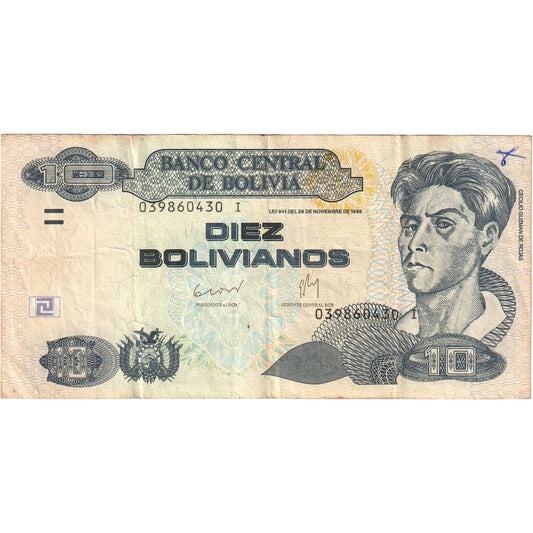 Bolivia, 
  
  10 boliviani, 
  
  1986