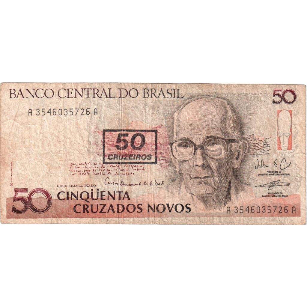 Brazilia, 
  
  50 Cruzeiros pe 50 Cruzados Novos, 
  
  VF(30-35)