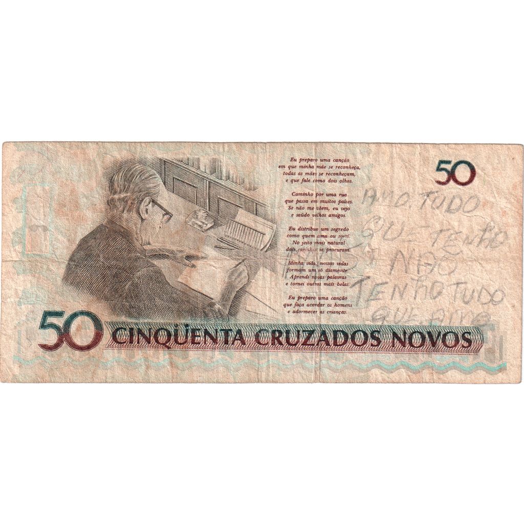 Brazilia, 
  
  50 Cruzeiros pe 50 Cruzados Novos, 
  
  VF(30-35)