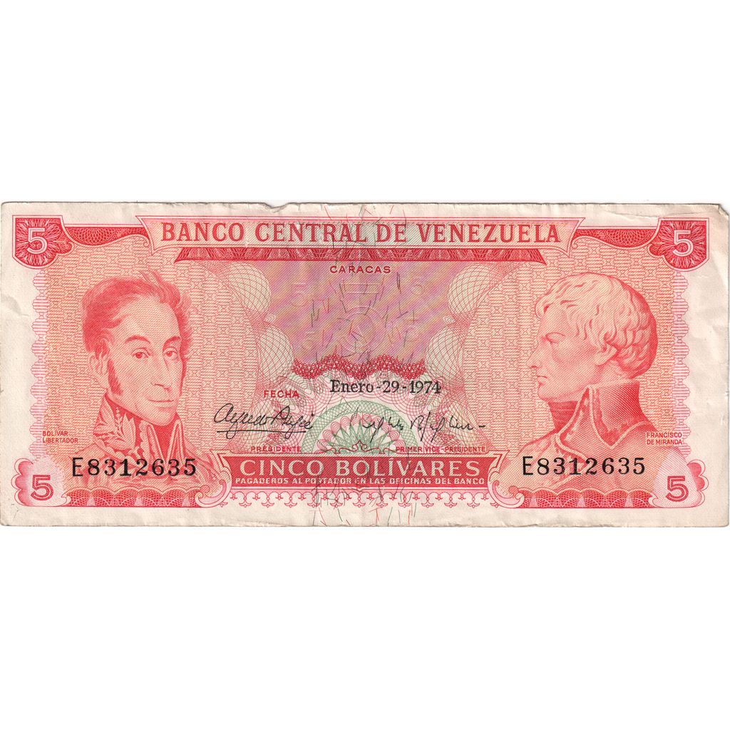 Venezuela, 
  
  5 bolivar, 
  
  29-01-1974