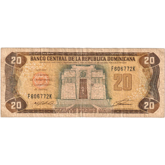 Republica Dominicană, 
  
  20 pesos oro, 
  
  1990