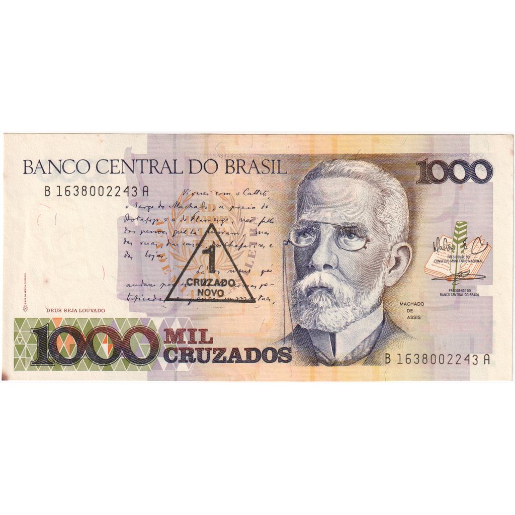 Brazilia, 
  
  1 Cruzado Novo pe 1000 Cruzados, 
  
  EF(40-45)