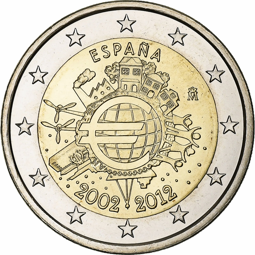 Spania, 
  
  2 euro, 
  
  10 ani de euro numerar