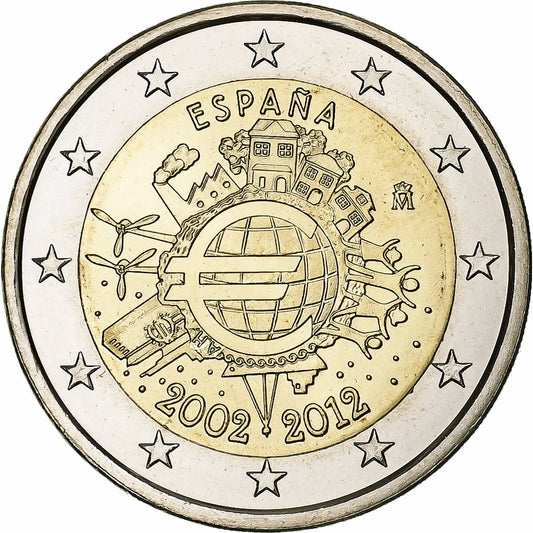 Spania, 
  
  2 euro, 
  
  10 ani de euro numerar