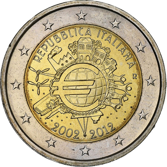 Italia, 
  
  2 euro, 
  
  10 ani de euro numerar