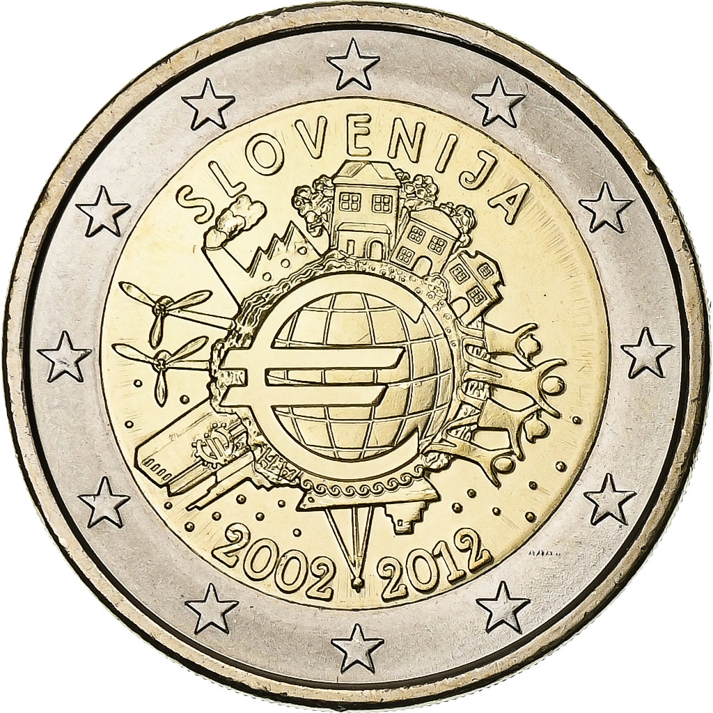 Slovenia, 
  
  2 euro, 
  
  10 ani de euro numerar