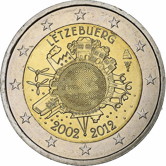 Luxemburg, 
  
  2 euro, 
  
  10 ani de euro numerar