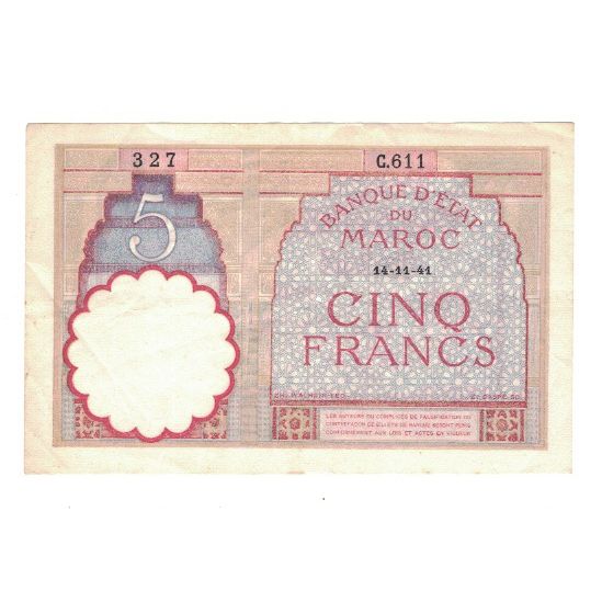 bancnota, 
  
  Maroc, 
  
  5 franci