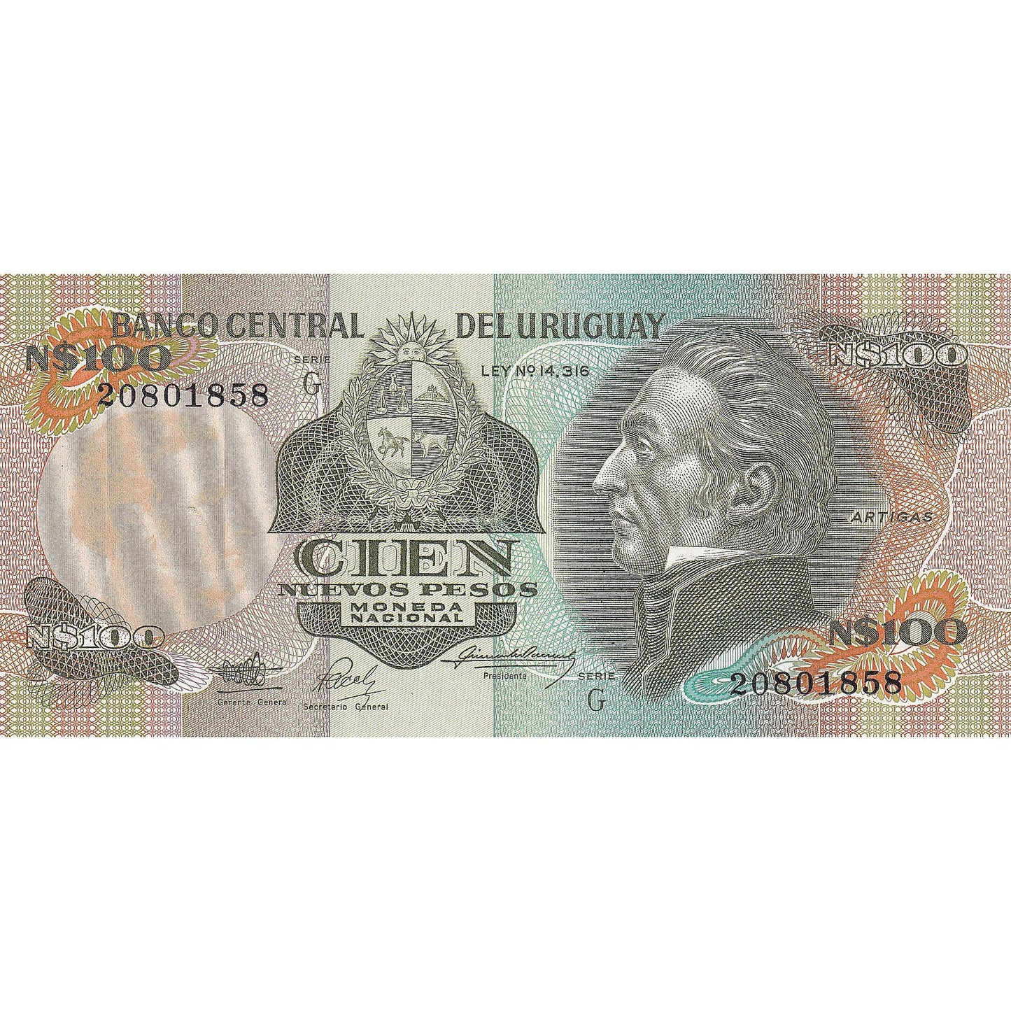 Uruguay, 
  
  100 de pesos noi, 
  
  KM:60a