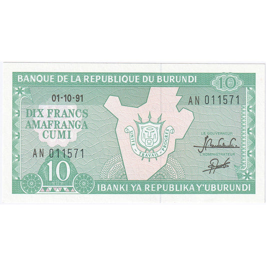 Burundi, 
  
  10 franci, 
  
  1989-10-01