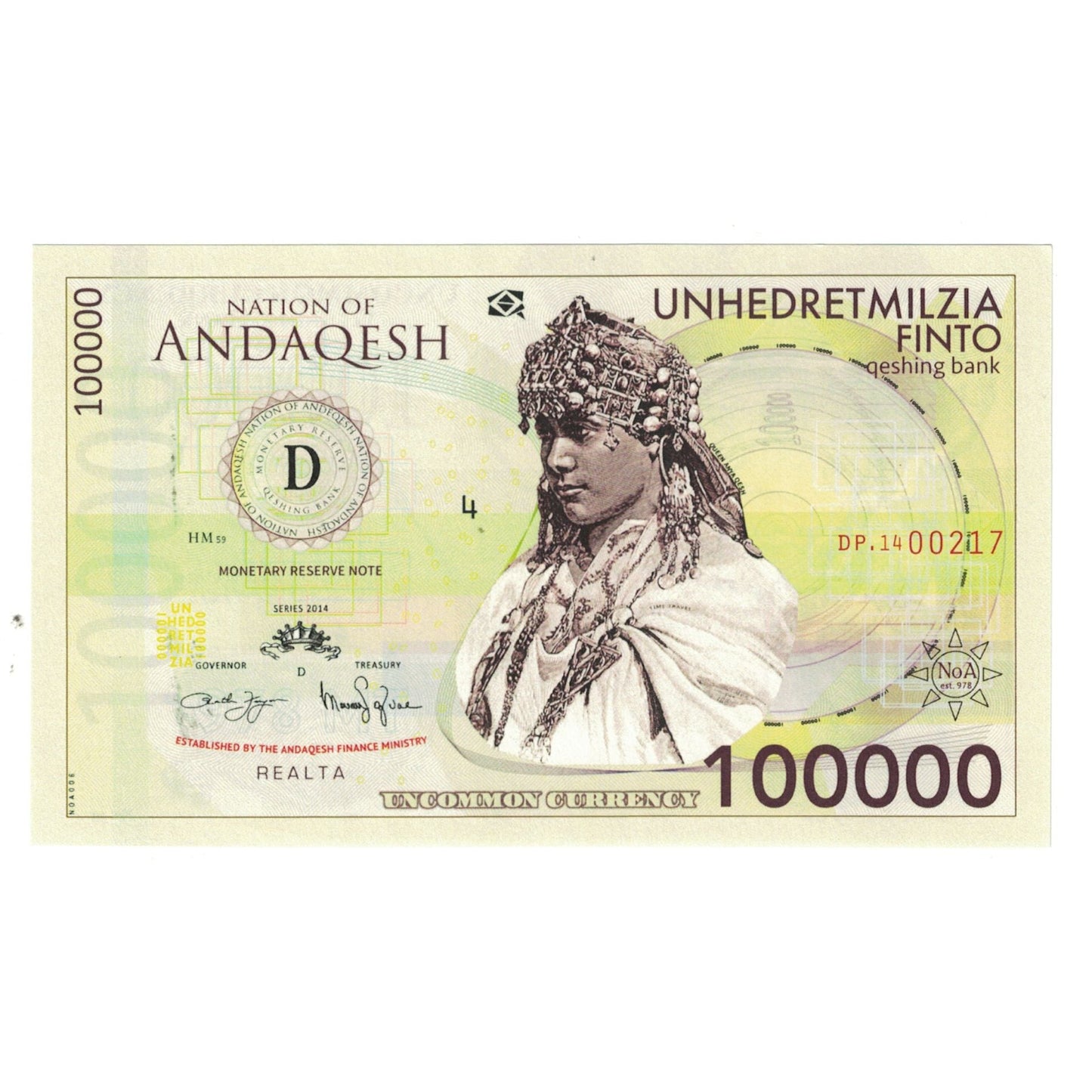 bancnota, 
  
  Alte, 
  
  BANCNOTE TURISTICE 100000 FINTO NATION OF ANDAQESH