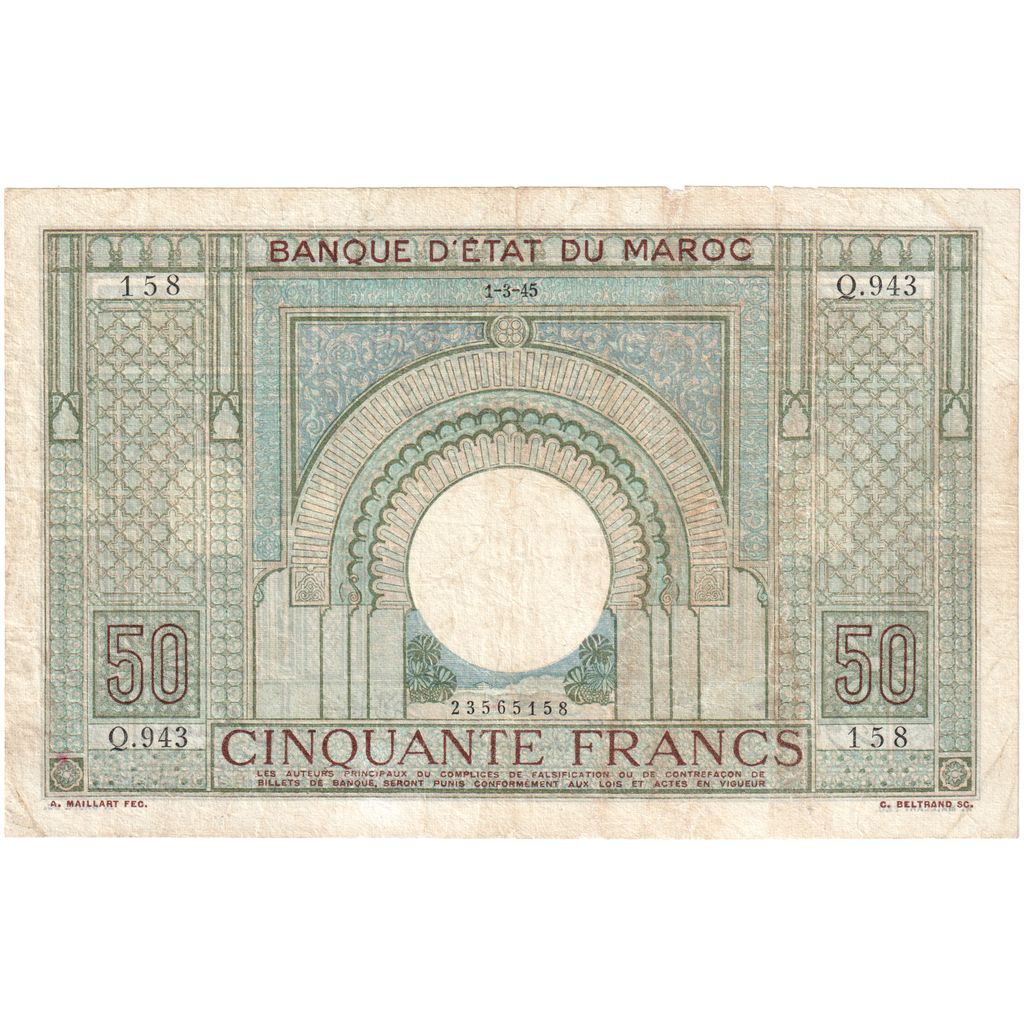 Maroc, 
  
  50 de franci, 
  
  1945