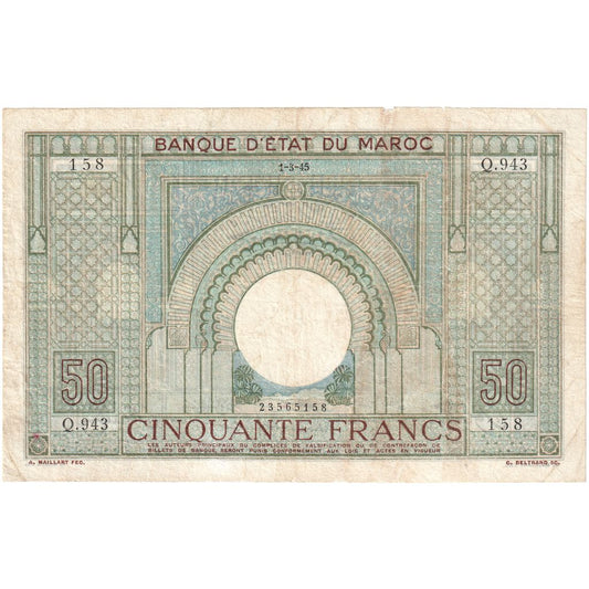 Maroc, 
  
  50 de franci, 
  
  1945