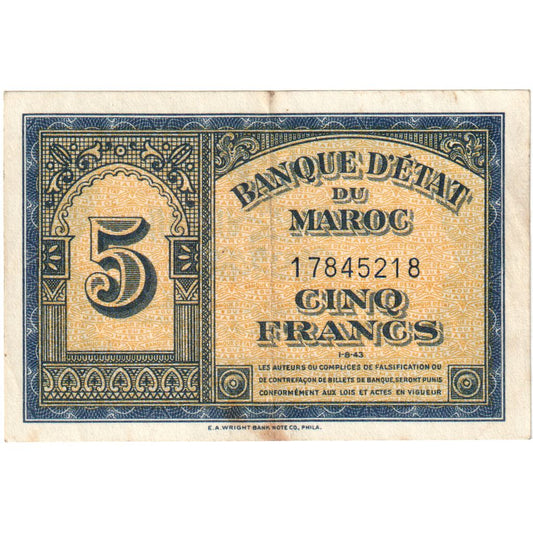 Maroc, 
  
  5 franci, 
  
  1943