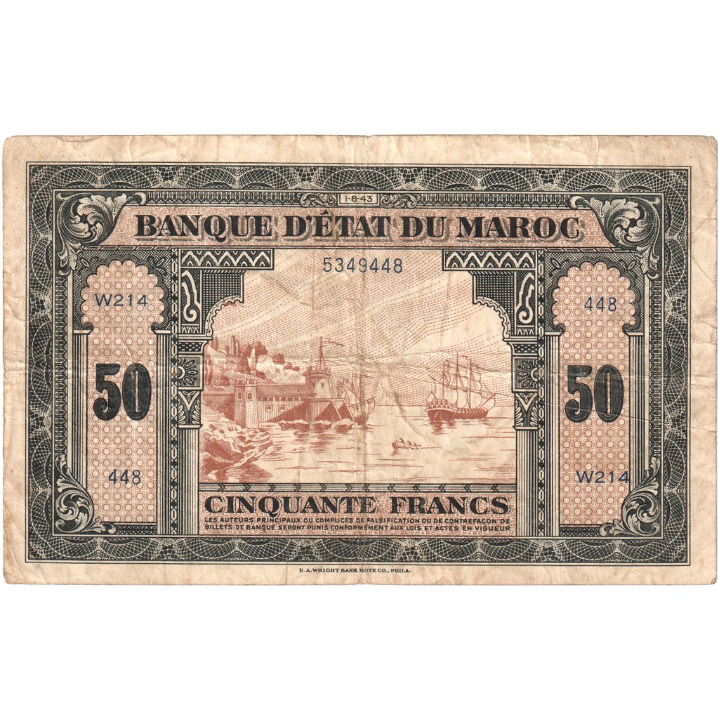 Maroc, 
  
  50 de franci, 
  
  1943