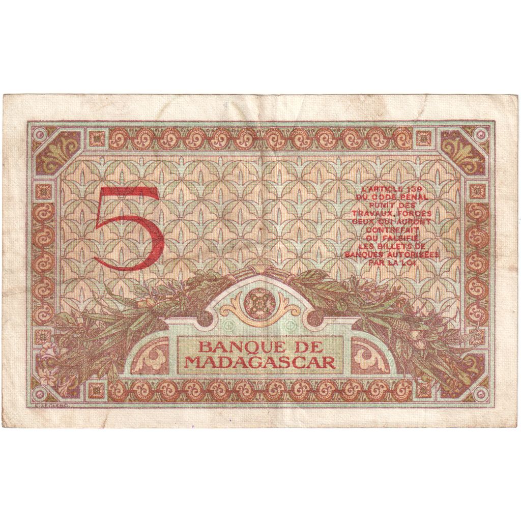 Madagascar, 
  
  5 franci, 
  
  1937-1947