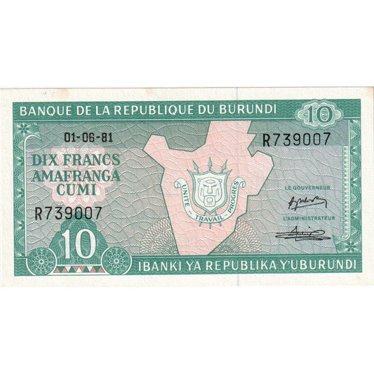 Burundi, 
  
  10 franci, 
  
  1981-06-01