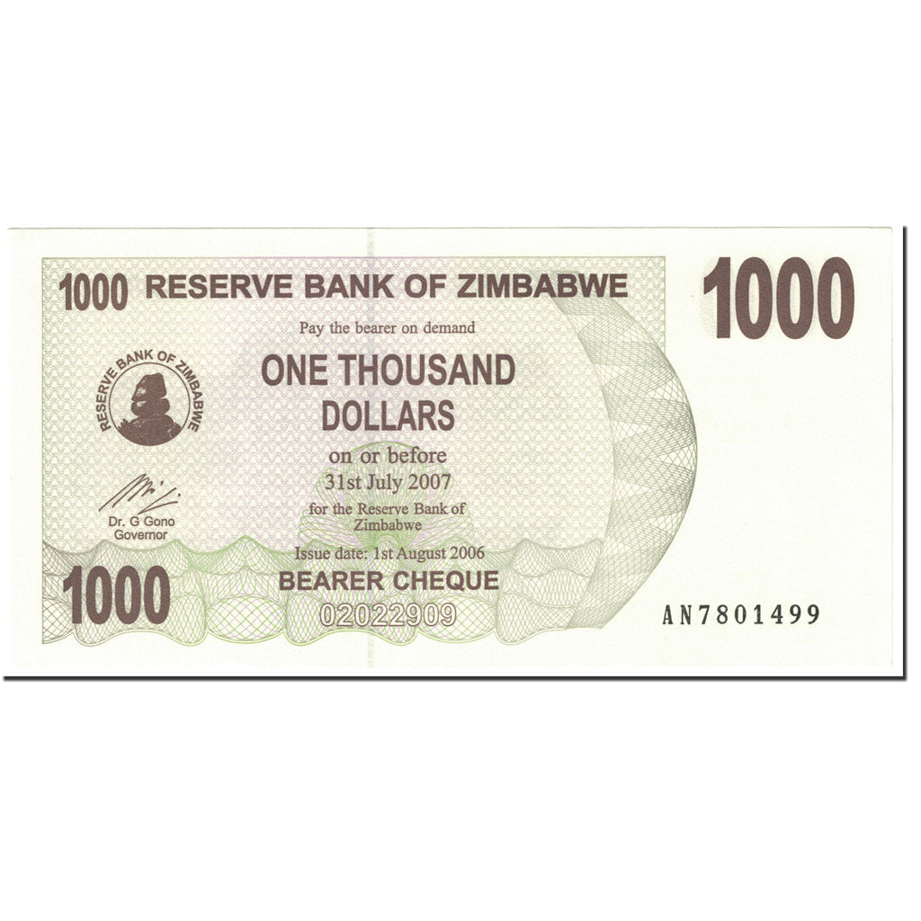 bancnota, 
  
  Zimbabwe, 
  
  1000 de dolari