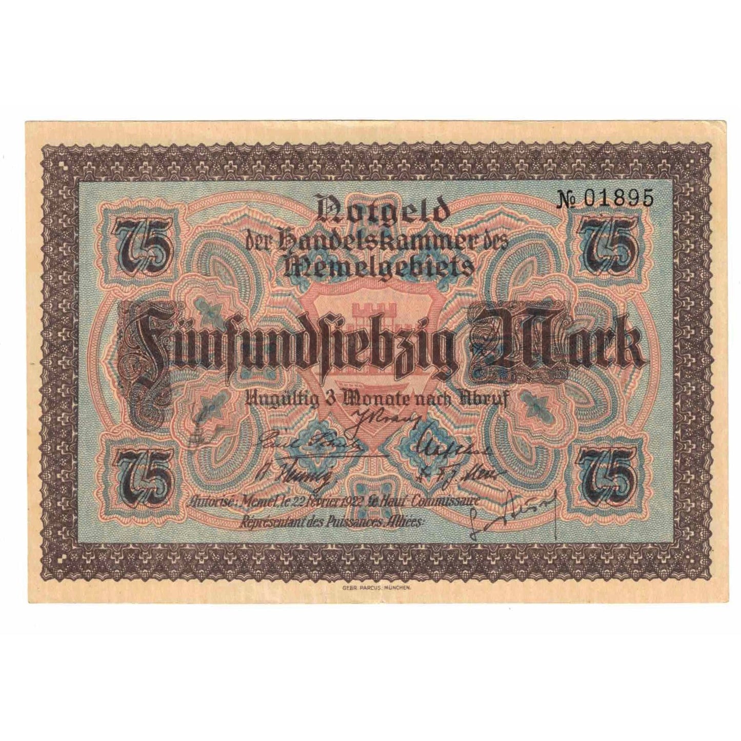 bancnota, 
  
  Memel, 
  
  75 Marcu