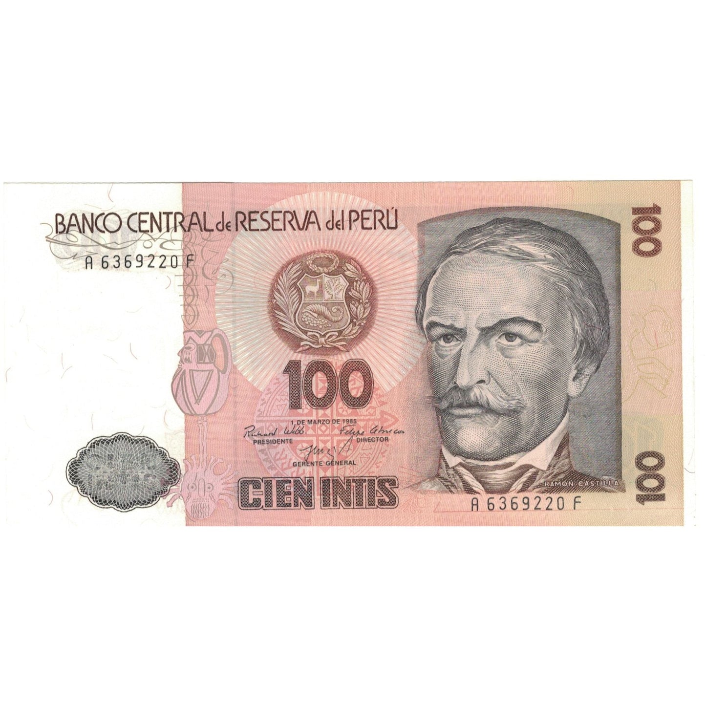 bancnota, 
  
  Peru, 
  
  100 Intis