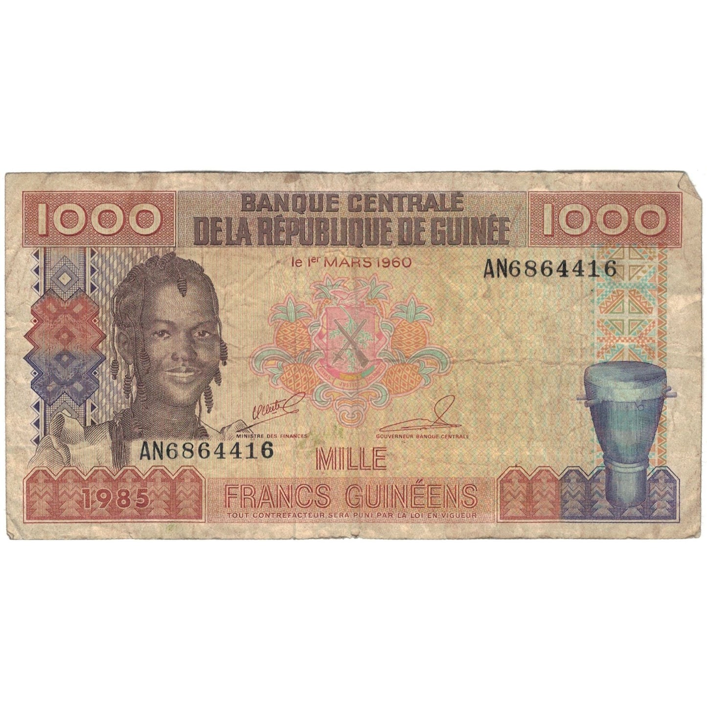 bancnota, 
  
  Guineea, 
  
  1000 de franci